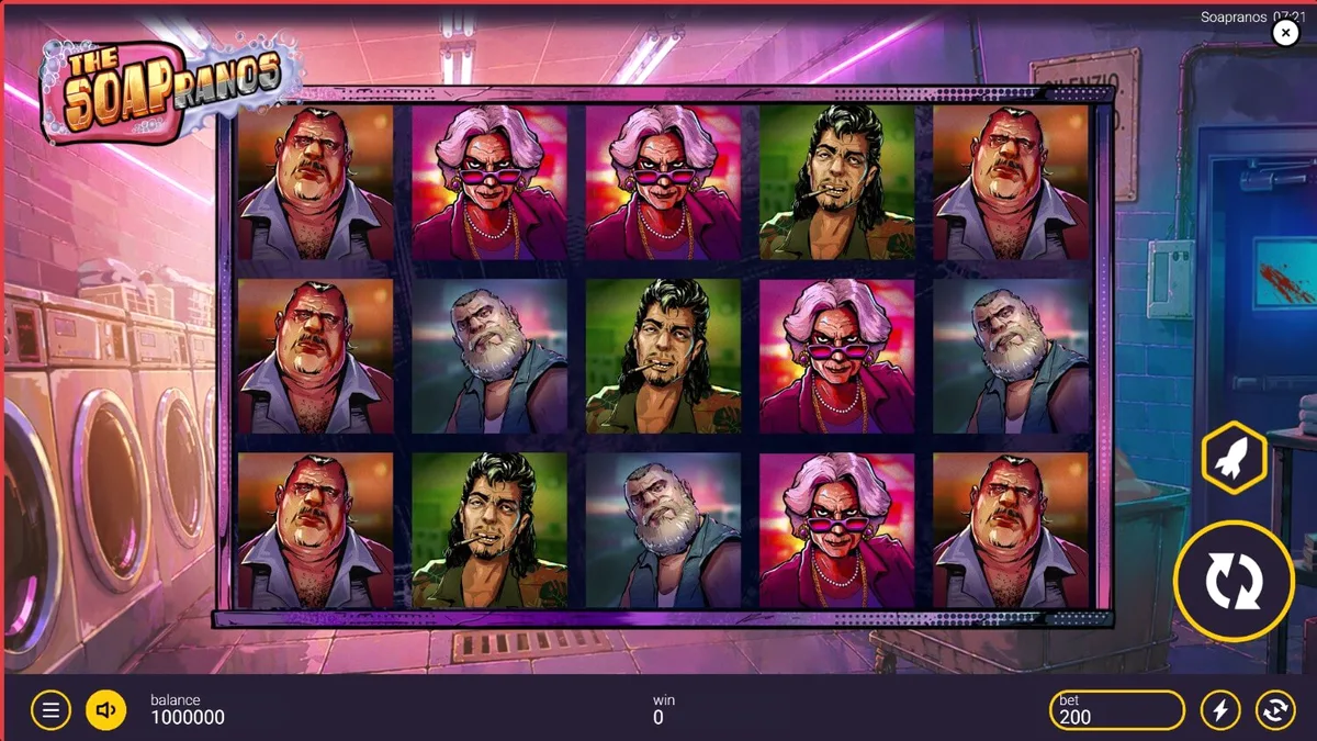 Tampilan visual slot The Soapranos dengan tema mafia dan laundromat