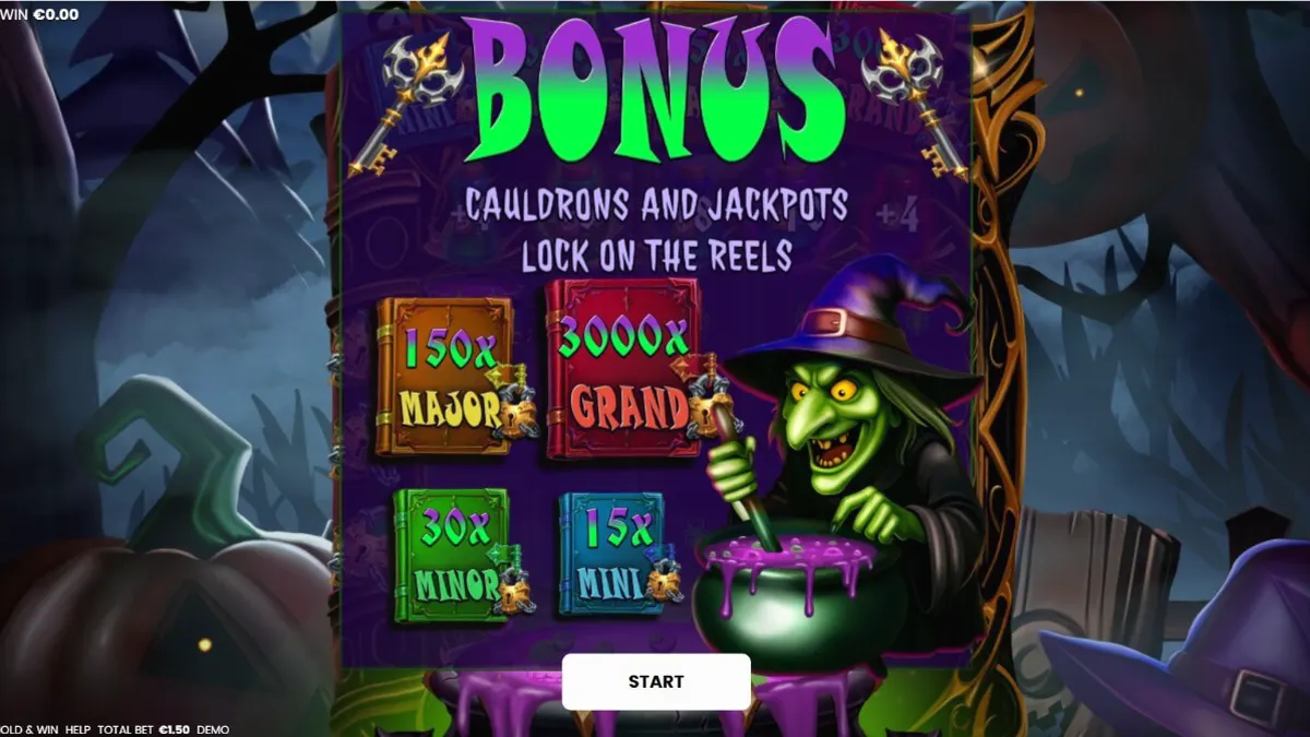 Tampilan visual slot Witches’ Fortune: Hold & Win dengan tema kuali penyihir dan elemen magis.
